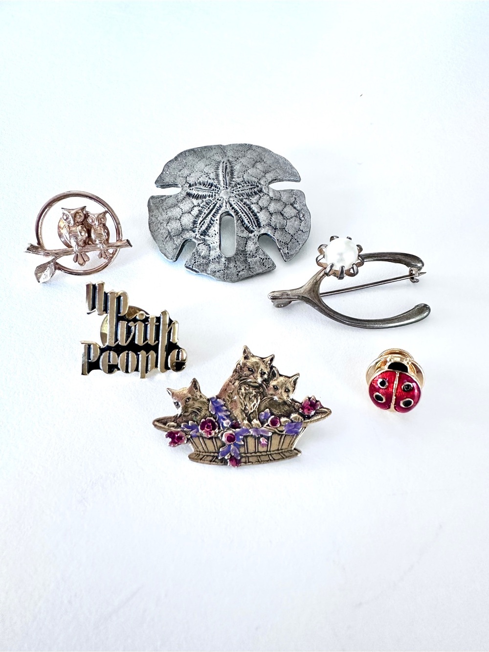 Six Pins Sand Dollar Avon Ladybug Loving Owls Cats Basket Wishbone Up with Peopl